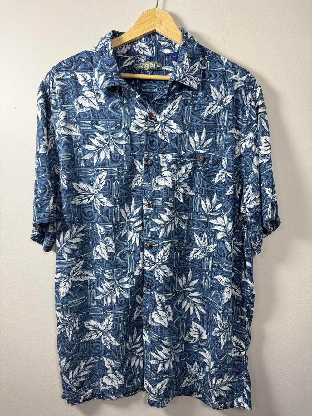 Campia Mens Large Blue Tropical Hawaiian Shirt Button Down Short Sleeve